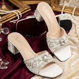 Bridal Handmade White Crystal Block Heel
