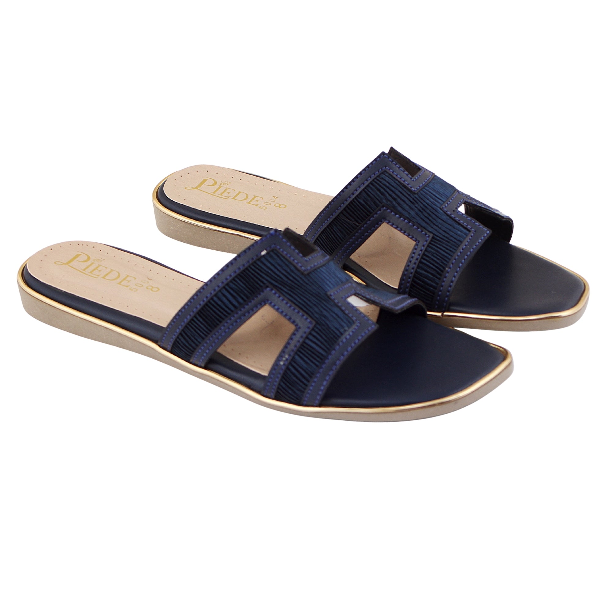 Navy Blue Textured H-Strap Flat
