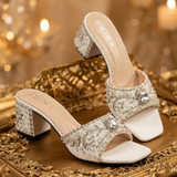 Bridal Handmade White Crystal Block Heel