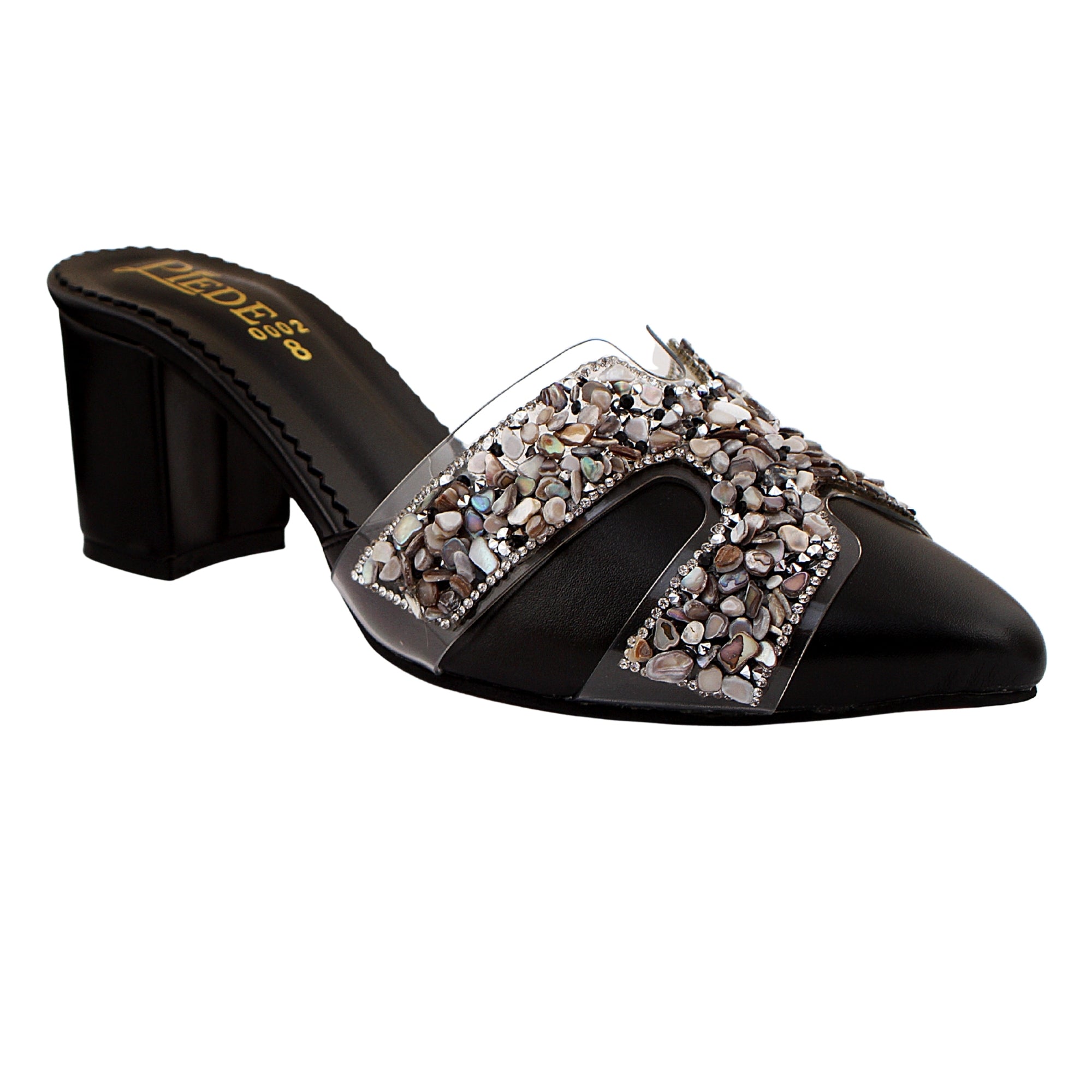 Black Stone-Embellished Heeled Mules
