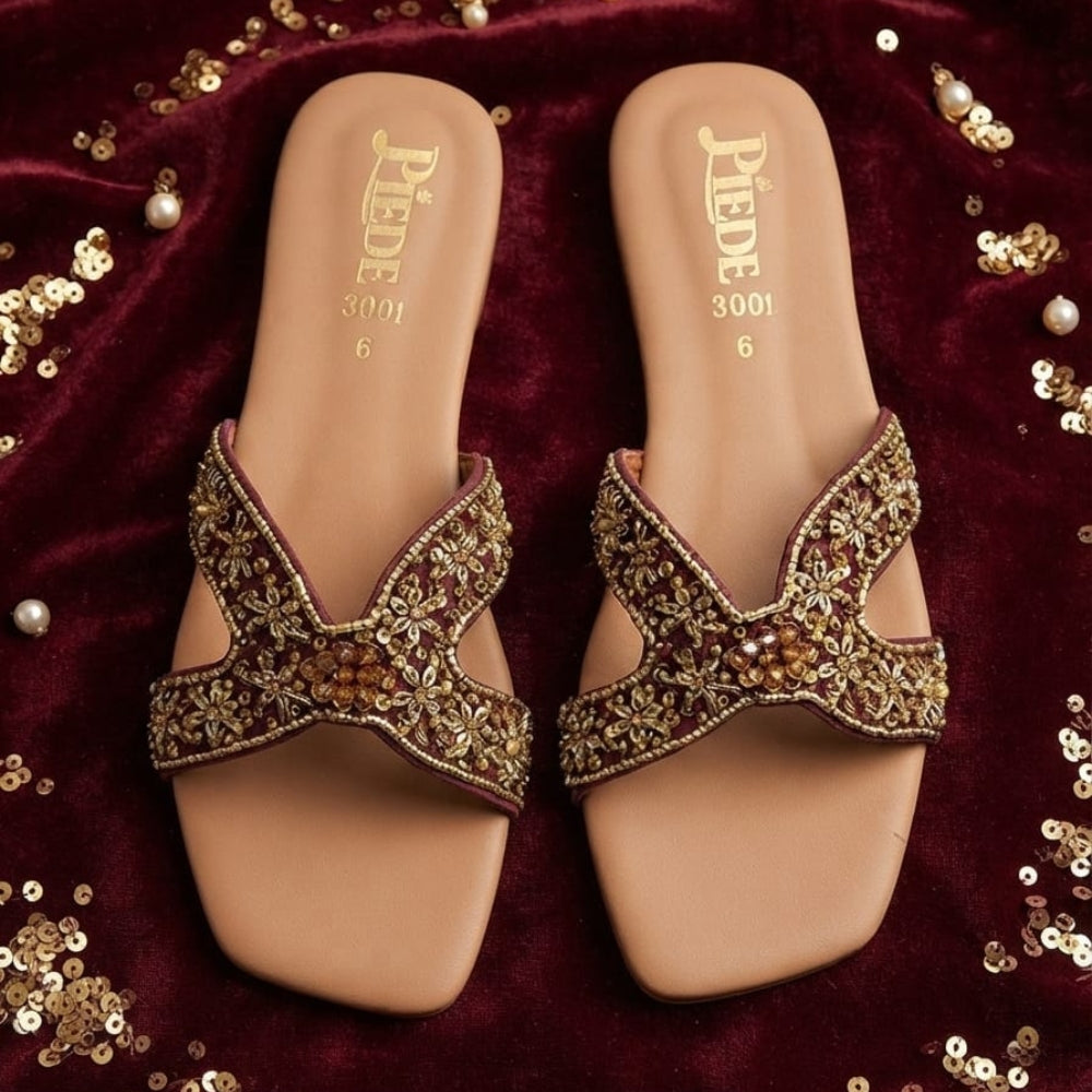 Maroon Embroidered Leather Flats