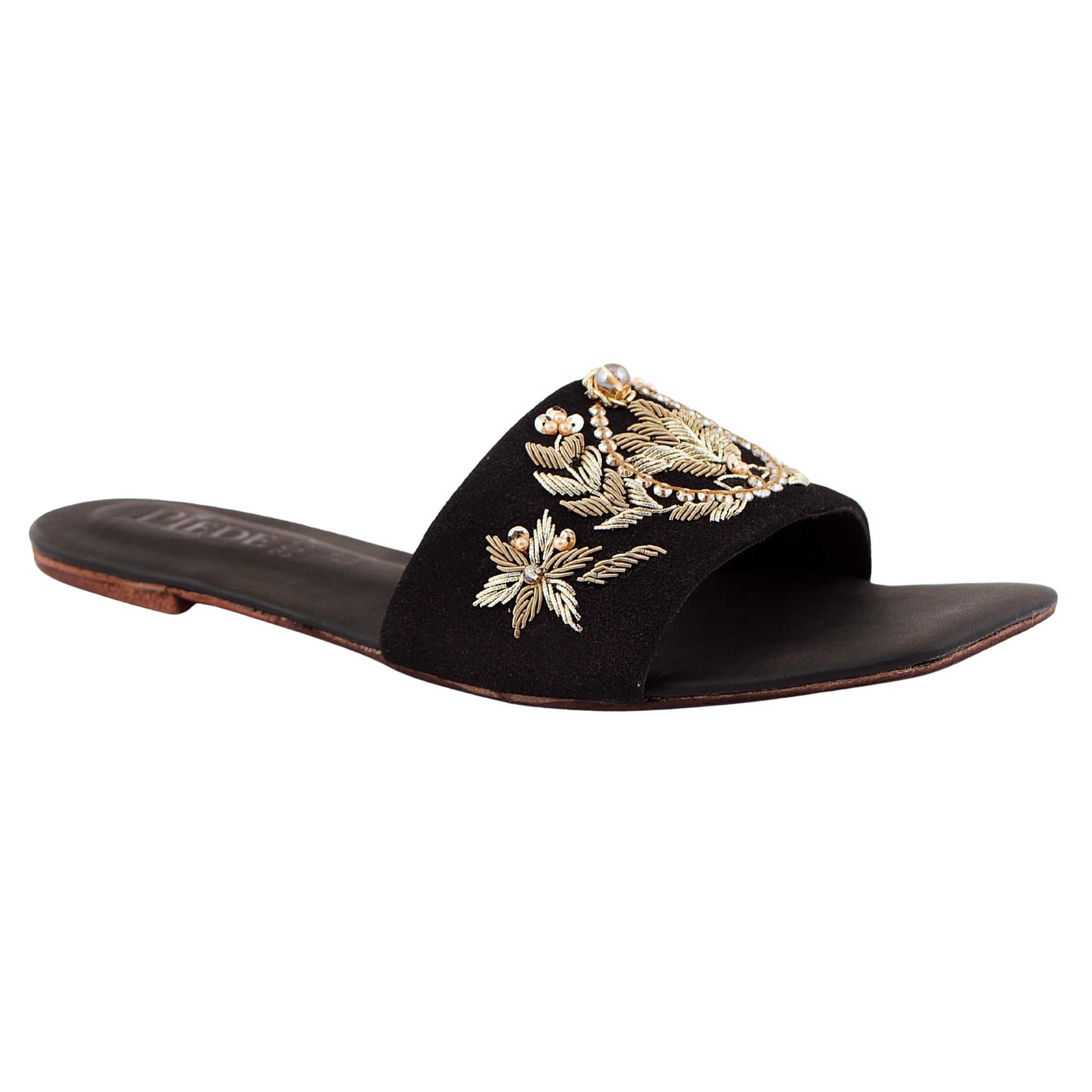 Black Suede Embroidered Leather Flats