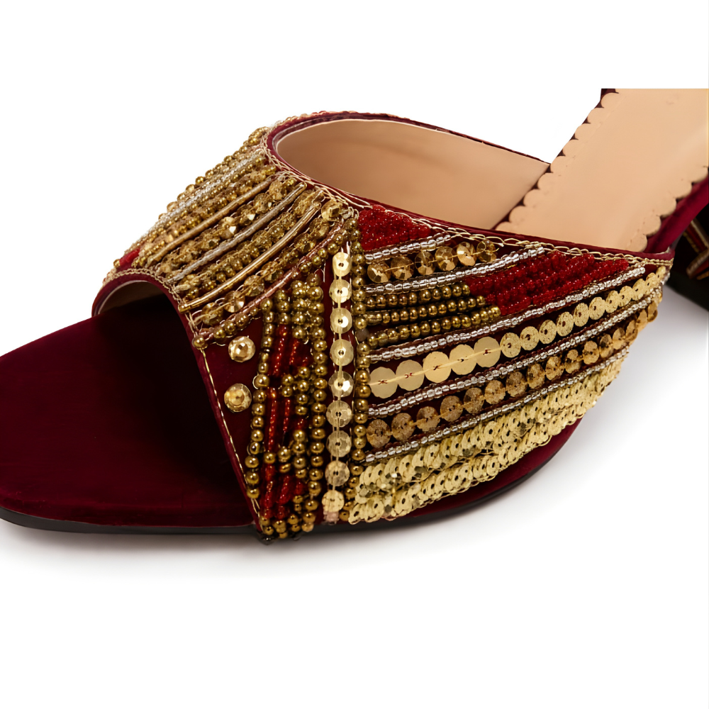 Bridal Maroon Zardozi Handmade Block Heels