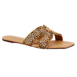 Brown Golden-Embroidered Leather Flats