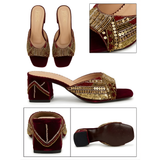 Bridal Maroon Zardozi Handmade Block Heels