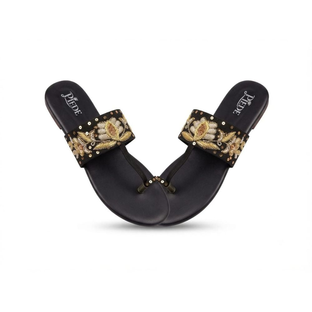 Black Embroidered Toe-Ring Flats