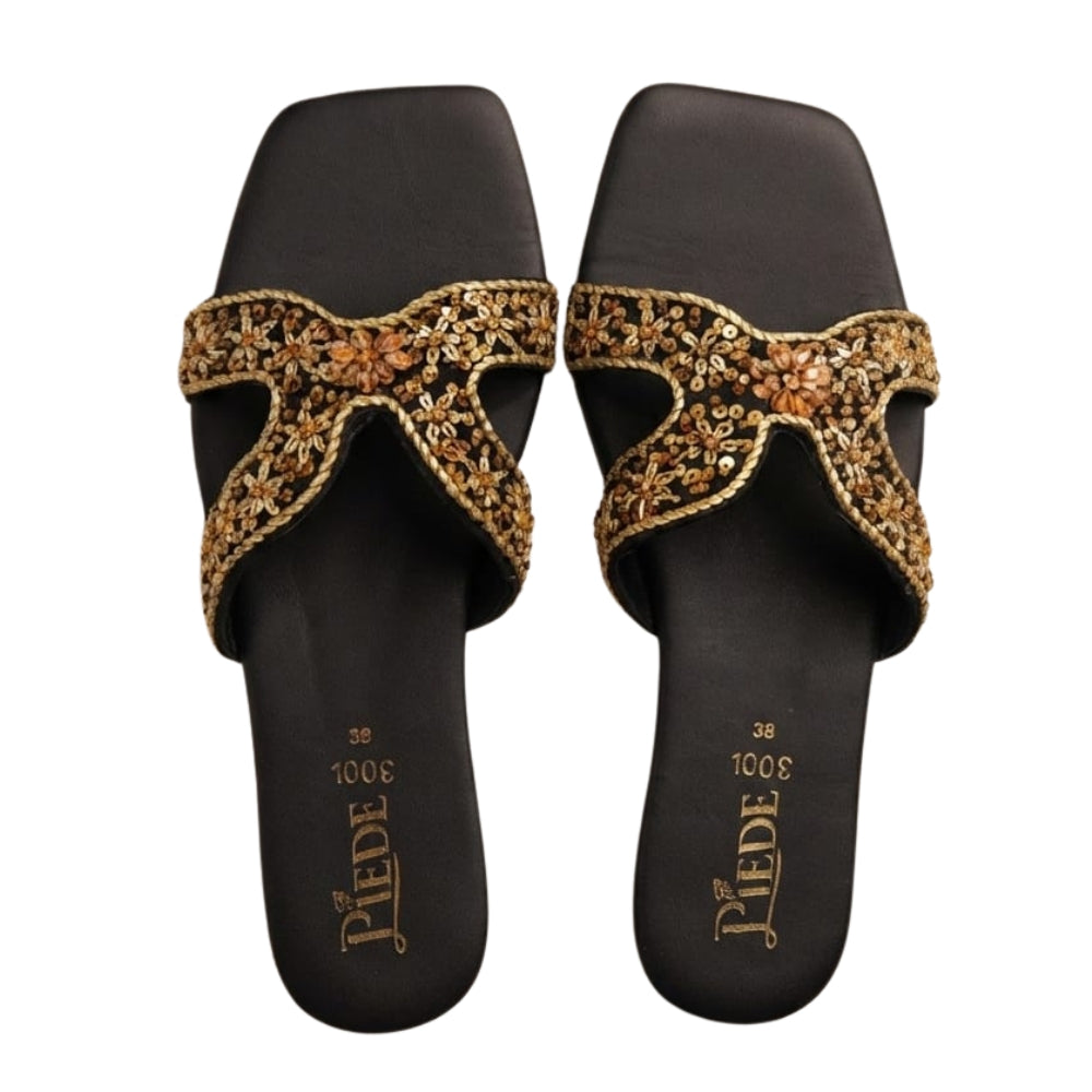 Black Embroidered Leather Flats