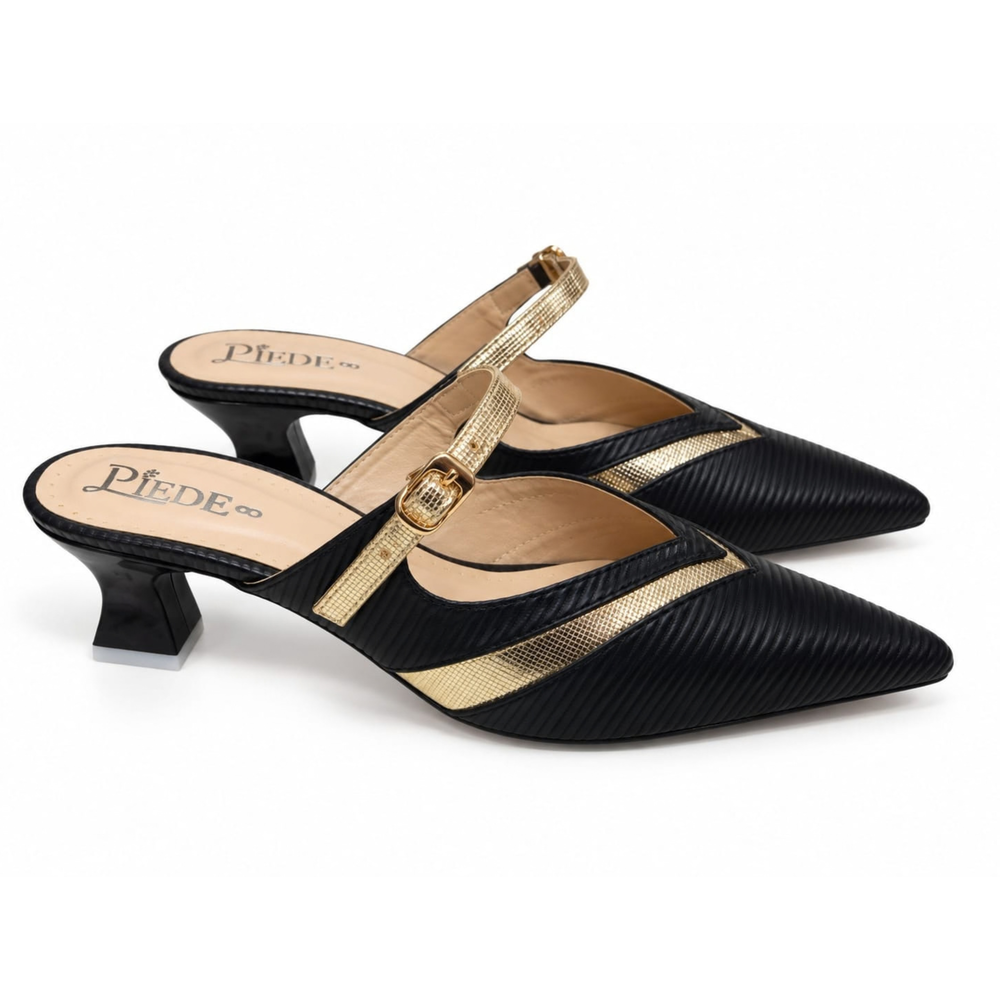 Black Metallic-Strap Pointed Heels