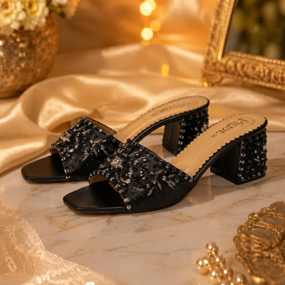 Bridal Handmade Black Crystal Block Heel