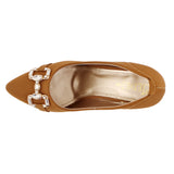Camel Pointed Toe Pumps with Gold Buckle