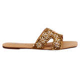 Brown Golden-Embroidered Leather Flats