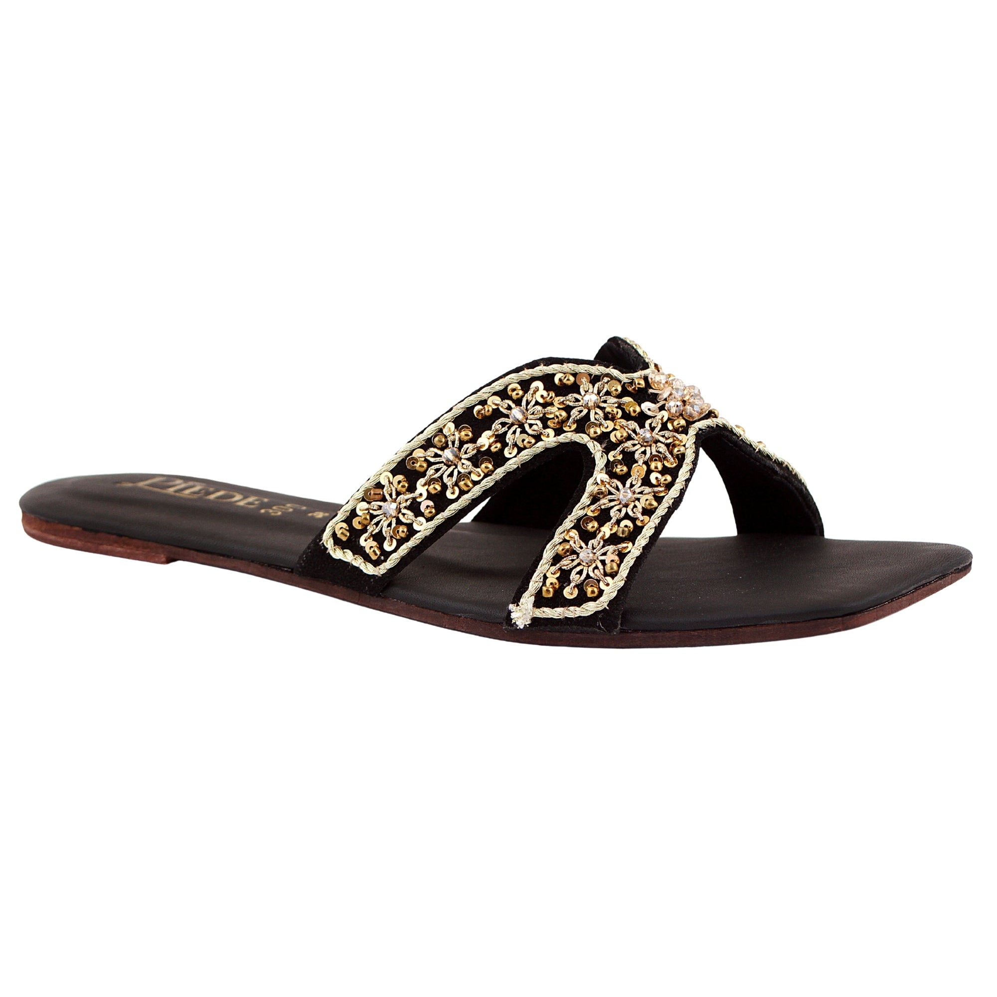 Black Embroidered Leather Flats