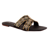 Black Golden-Embroidered Leather Flats