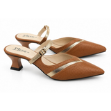Tan Brown Metallic-Strap Pointed Heels
