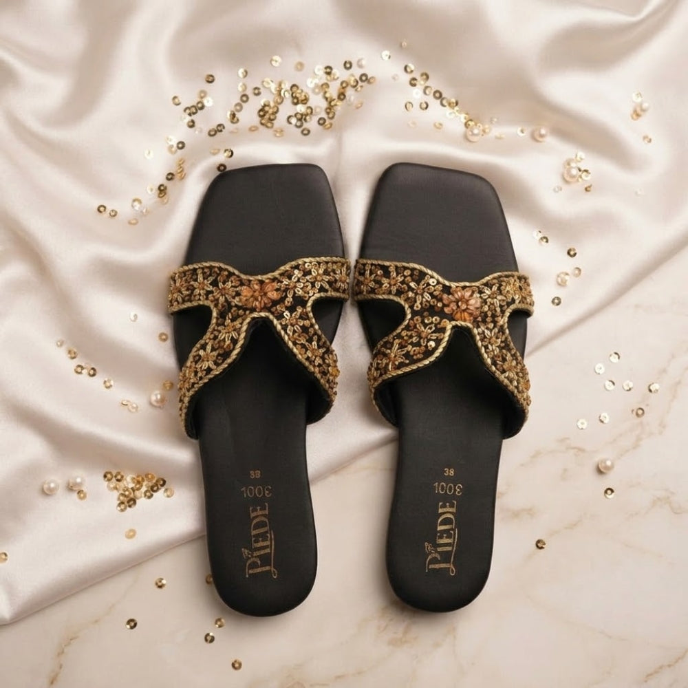 Black Embroidered Leather Flats