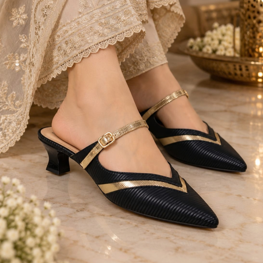 Black Metallic-Strap Pointed Heels
