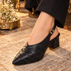 Black Woven Pointed-Toe Block Heels