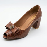 Brown Snakeskin Peep-Toe Block Heels