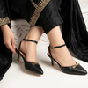 Black Pointed Ankle-Strap Kitten Heels