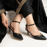 Black Pointed Ankle-Strap Kitten Heels
