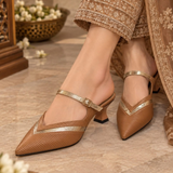 Tan Brown Metallic-Strap Pointed Heels