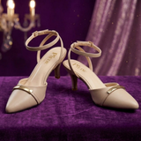 Cream Pointed Ankle-Strap Kitten Heels