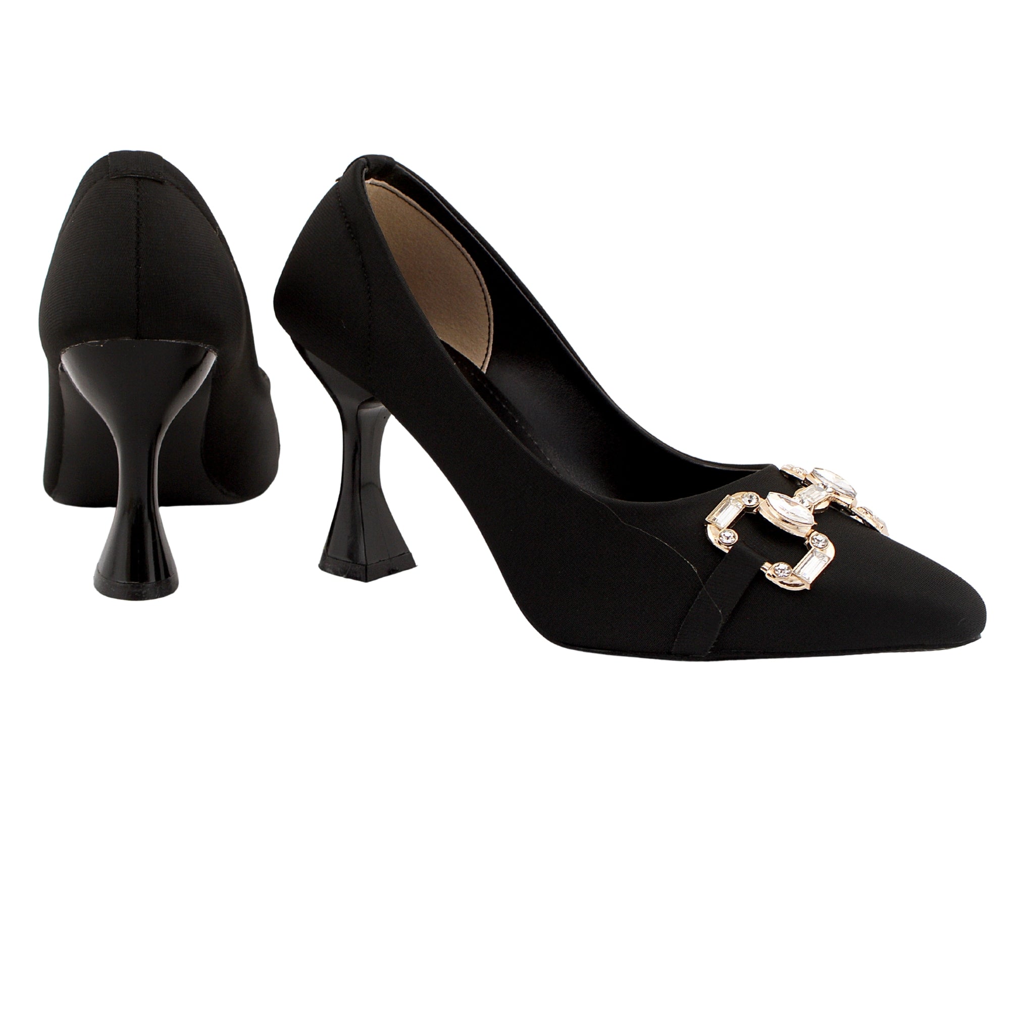 Black Pointed Toe Pumps with Gold Buckle