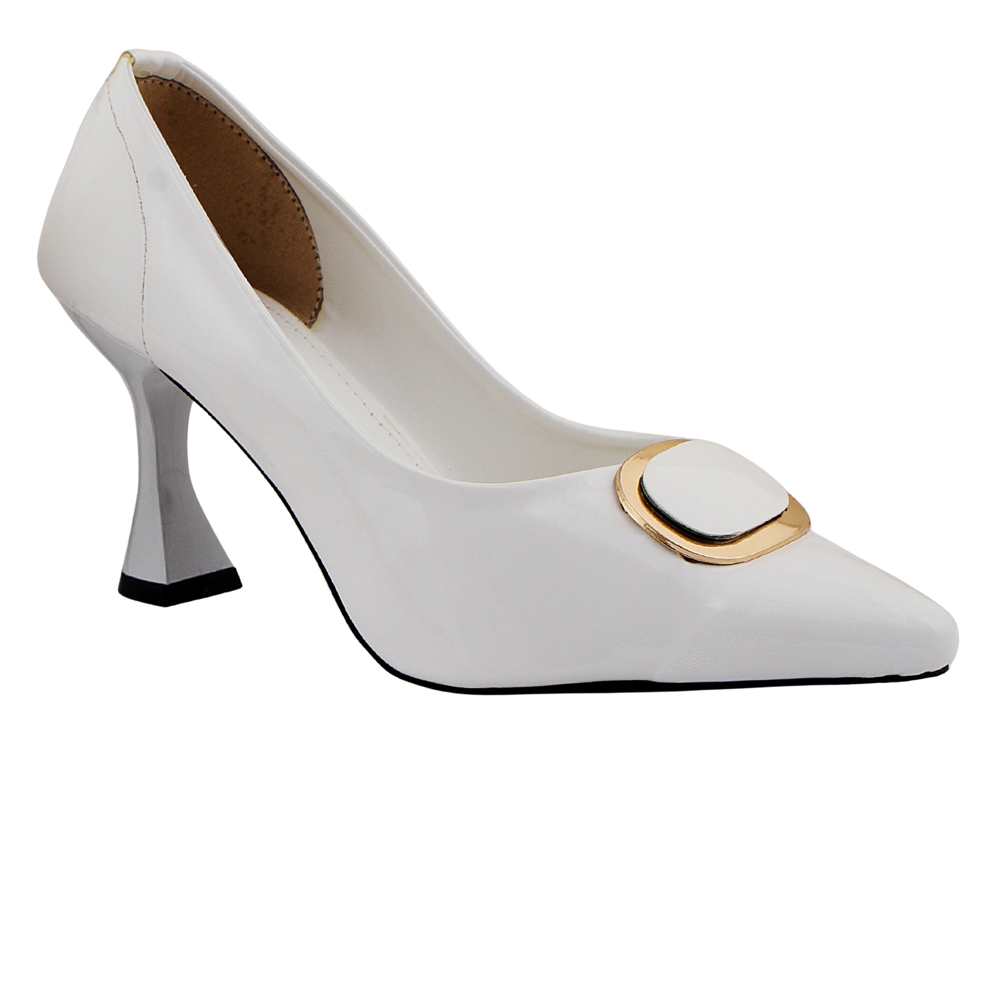 White Patent Buckle Pump Heels