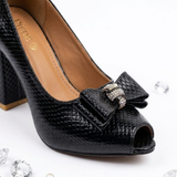 Black Snakeskin Peep-Toe Block Heels