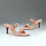 Baby Pink Suede Buckle Heels