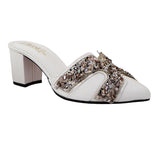 White Stone-Embellished Heeled Mules