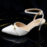 White Pointed Ankle-Strap Kitten Heels