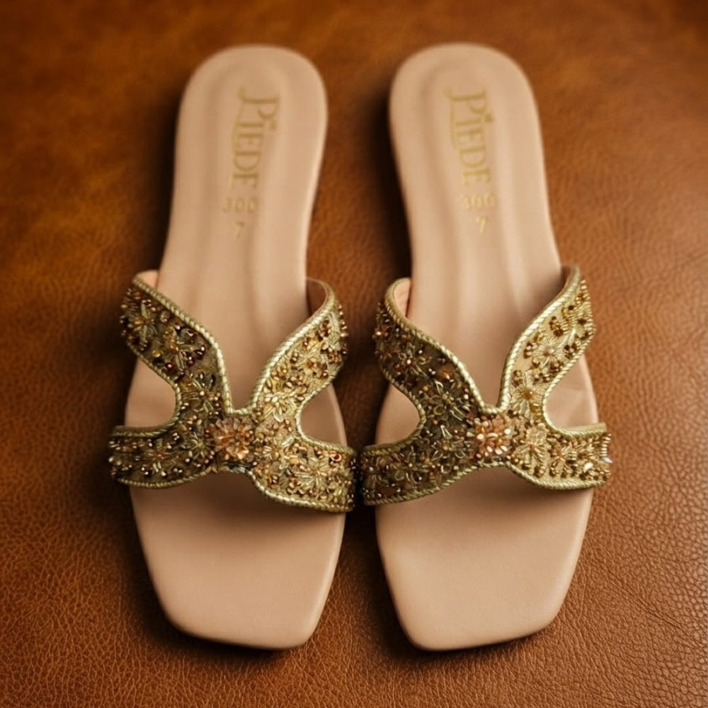 Cream Embroidered Leather Flats