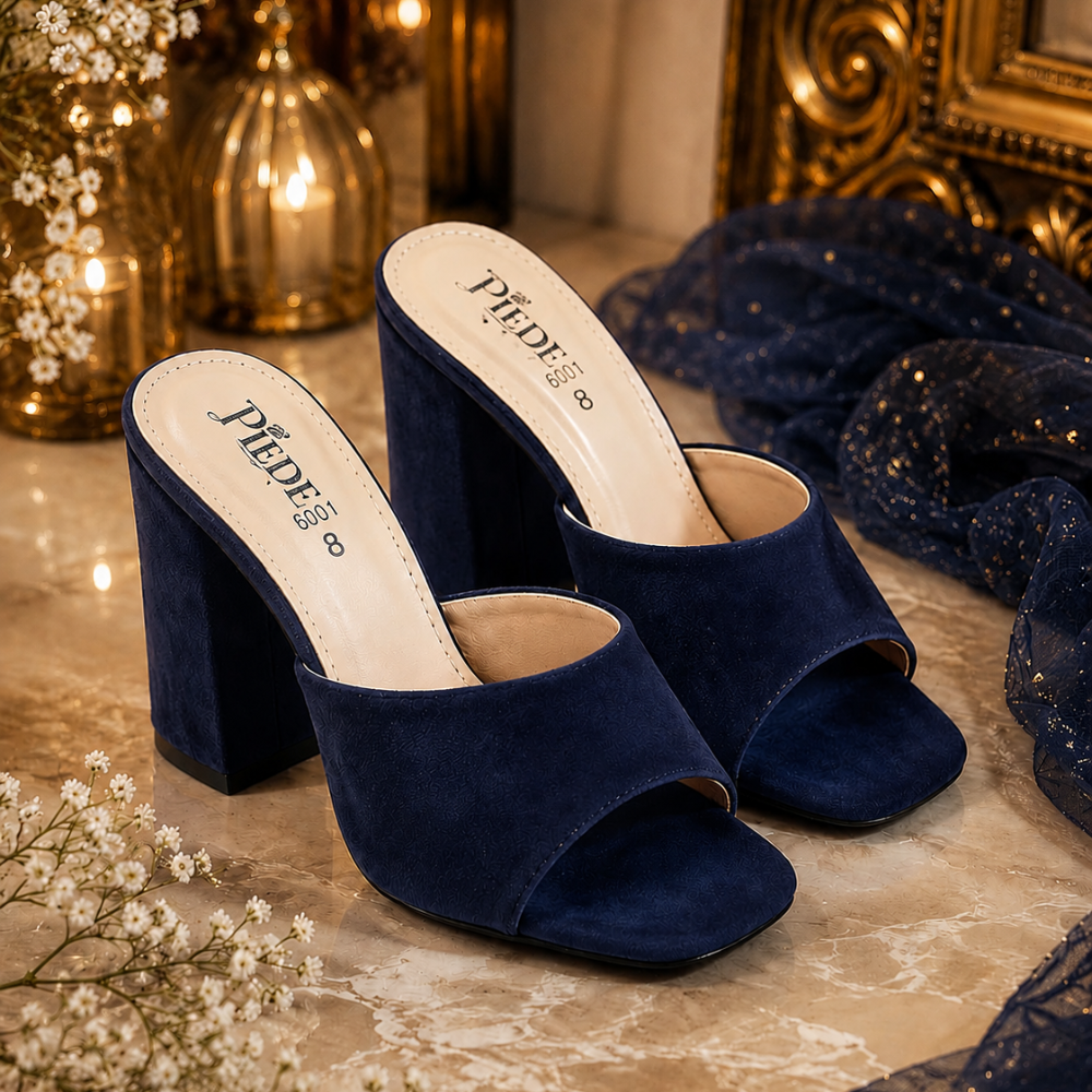 Navy Blue Suede Block Heels