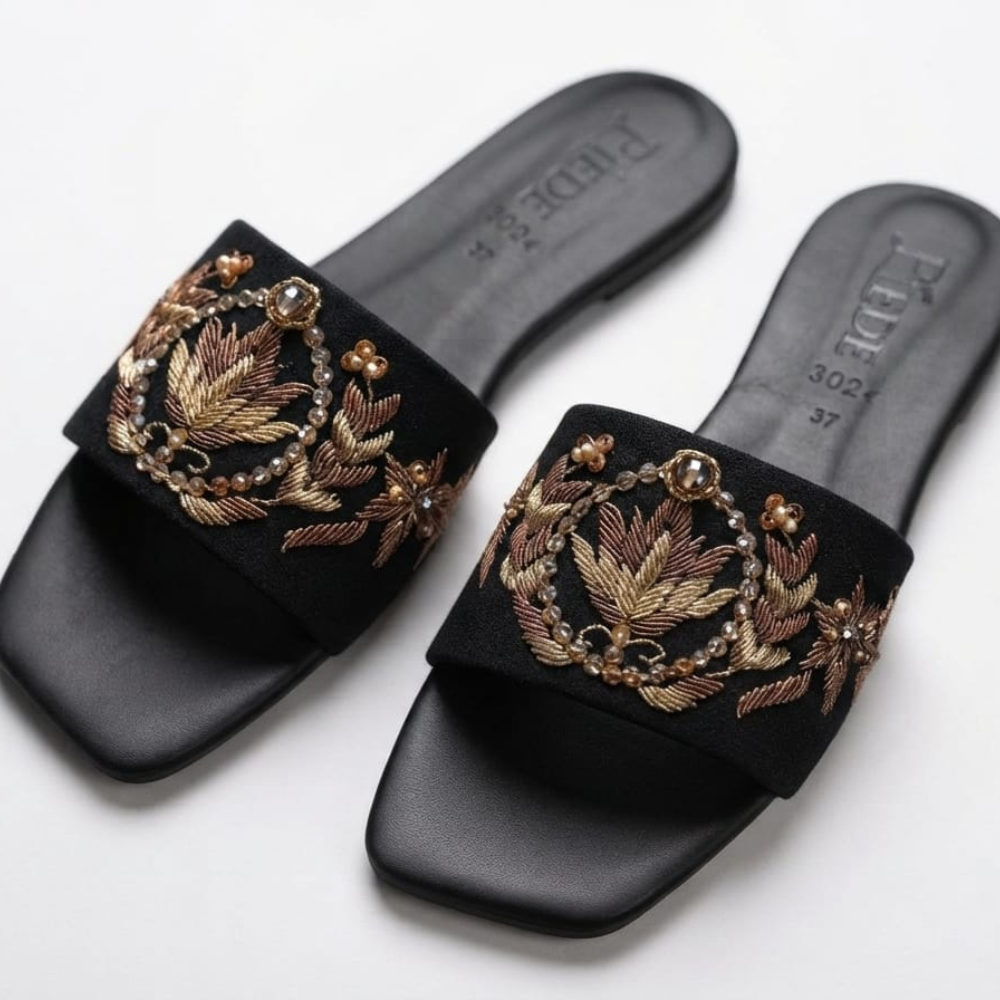 Black Suede Embroidered Leather Flats