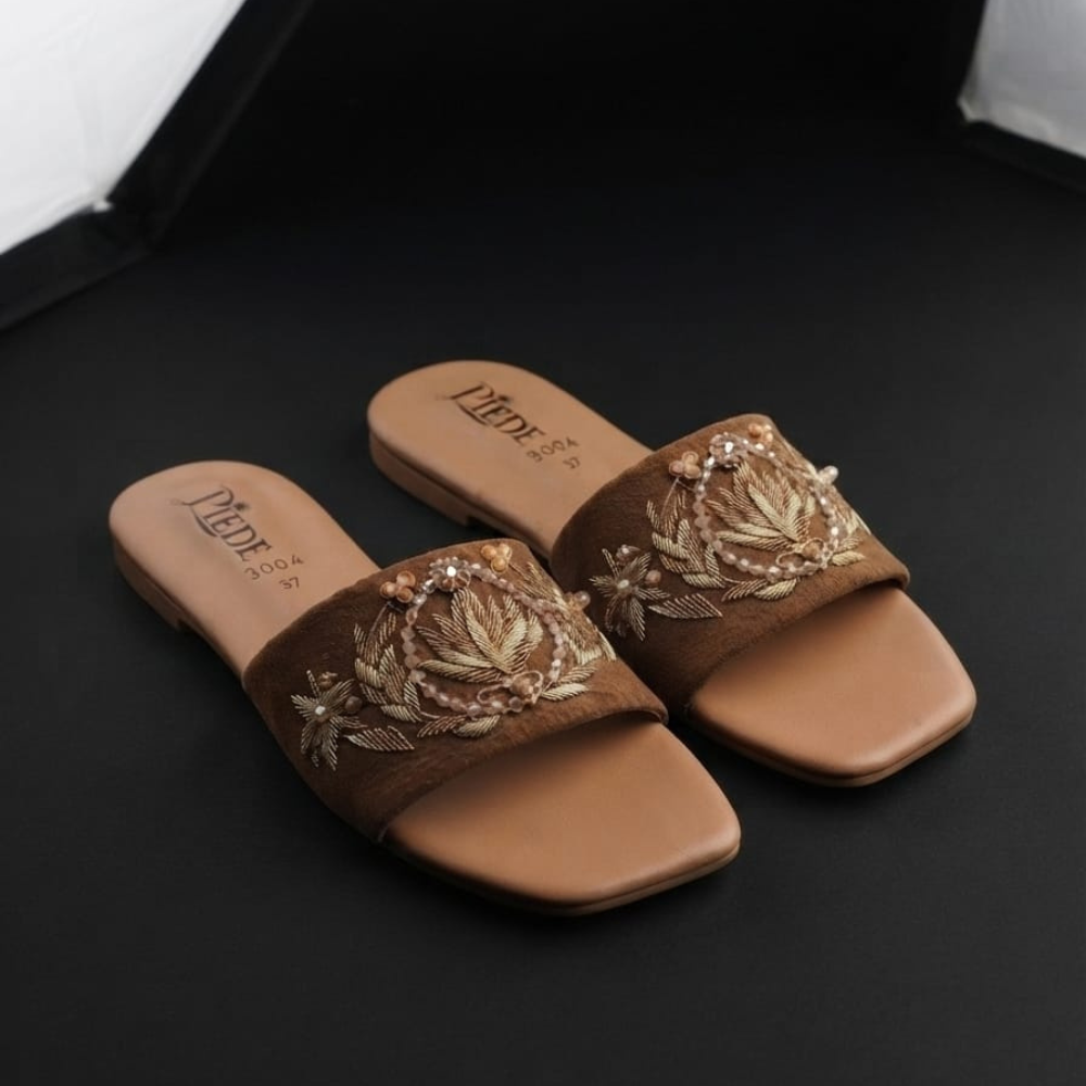 Brown Suede Embroidered Leather Flats