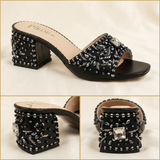 Bridal Handmade Black Crystal Block Heel