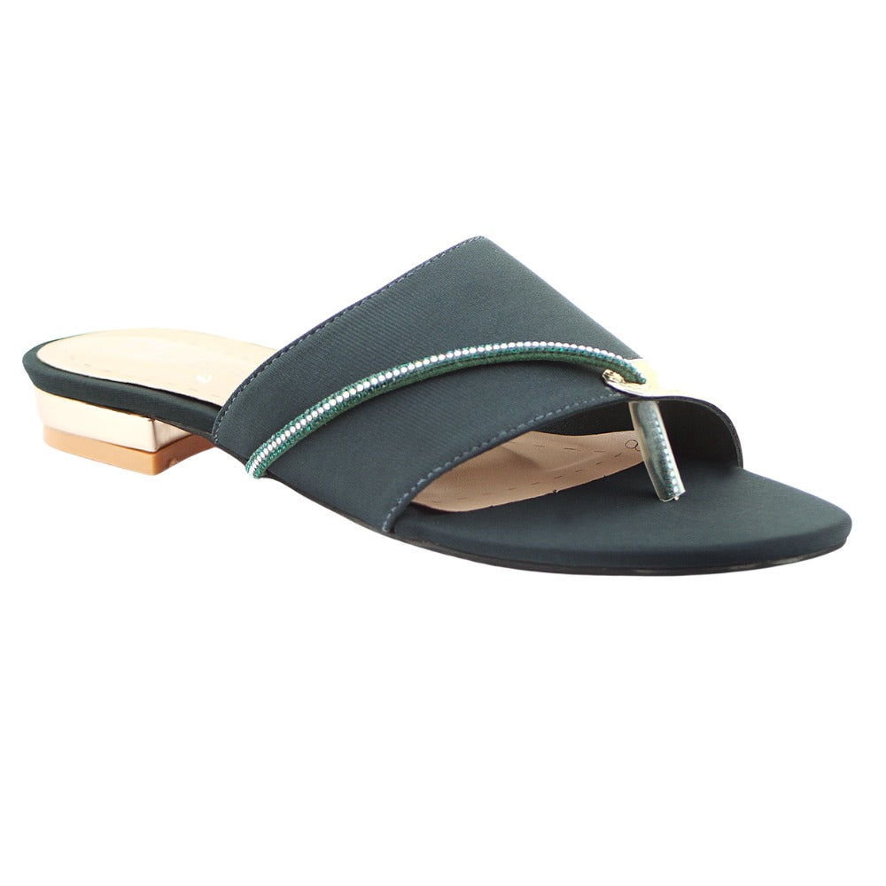 Dark Green Stone-Embellished Toe-Loop Flat