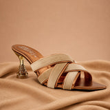 Beige Velvet Criss-Cross Jewelled Heel