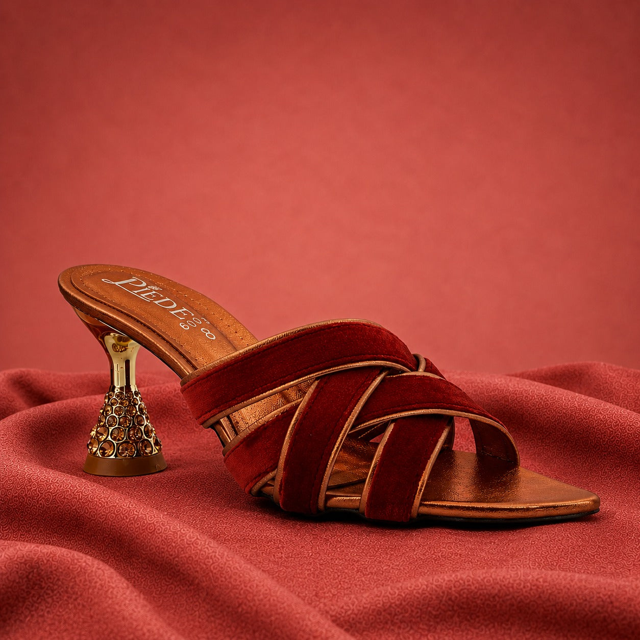Maroon Velvet Criss-Cross Jewelled Heel