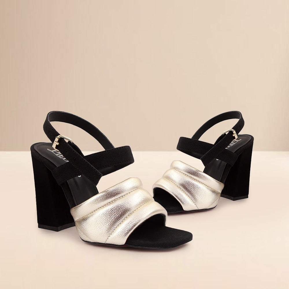 Golden Puffy Strap High-Heeled Sandals
