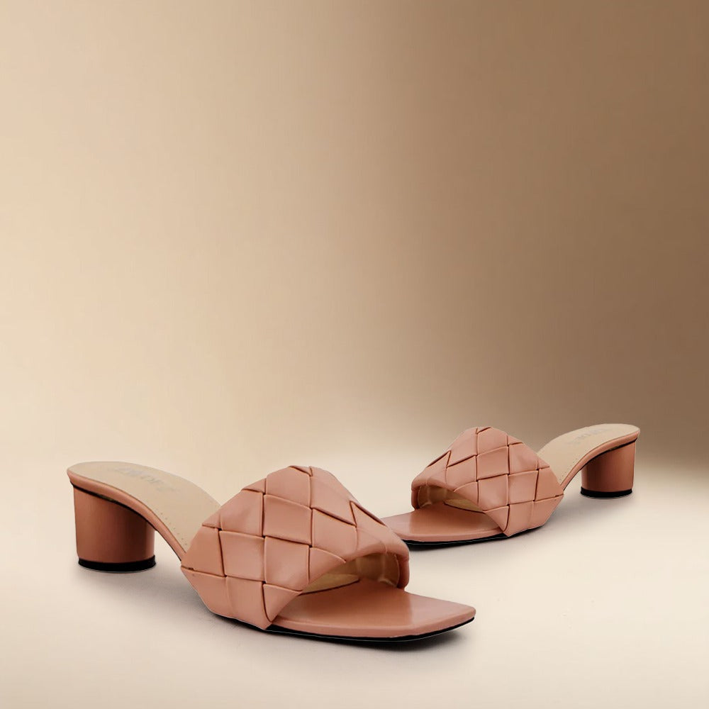 Peach Woven Square-Toe Heels
