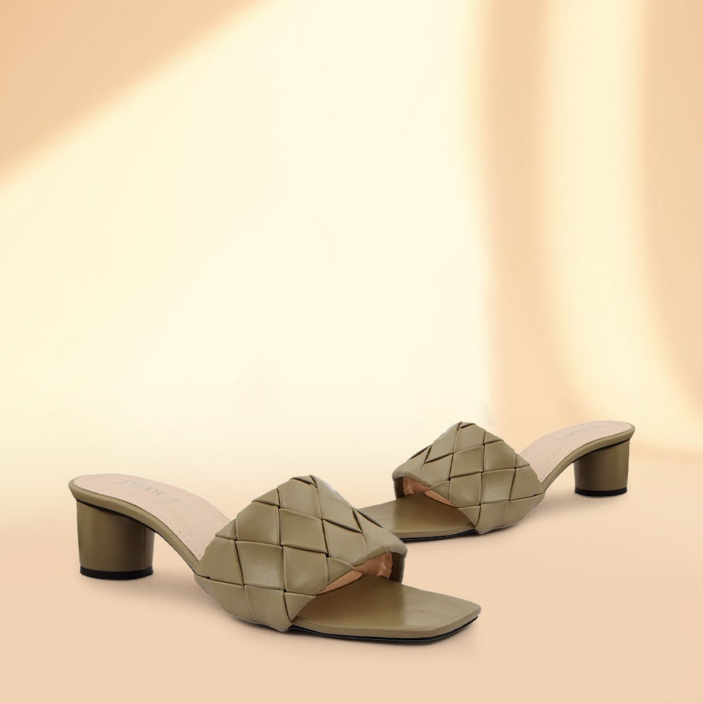 Green Woven Square-Toe Heels