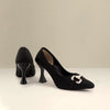Black Pointed Toe Pumps with Gold Buckle
