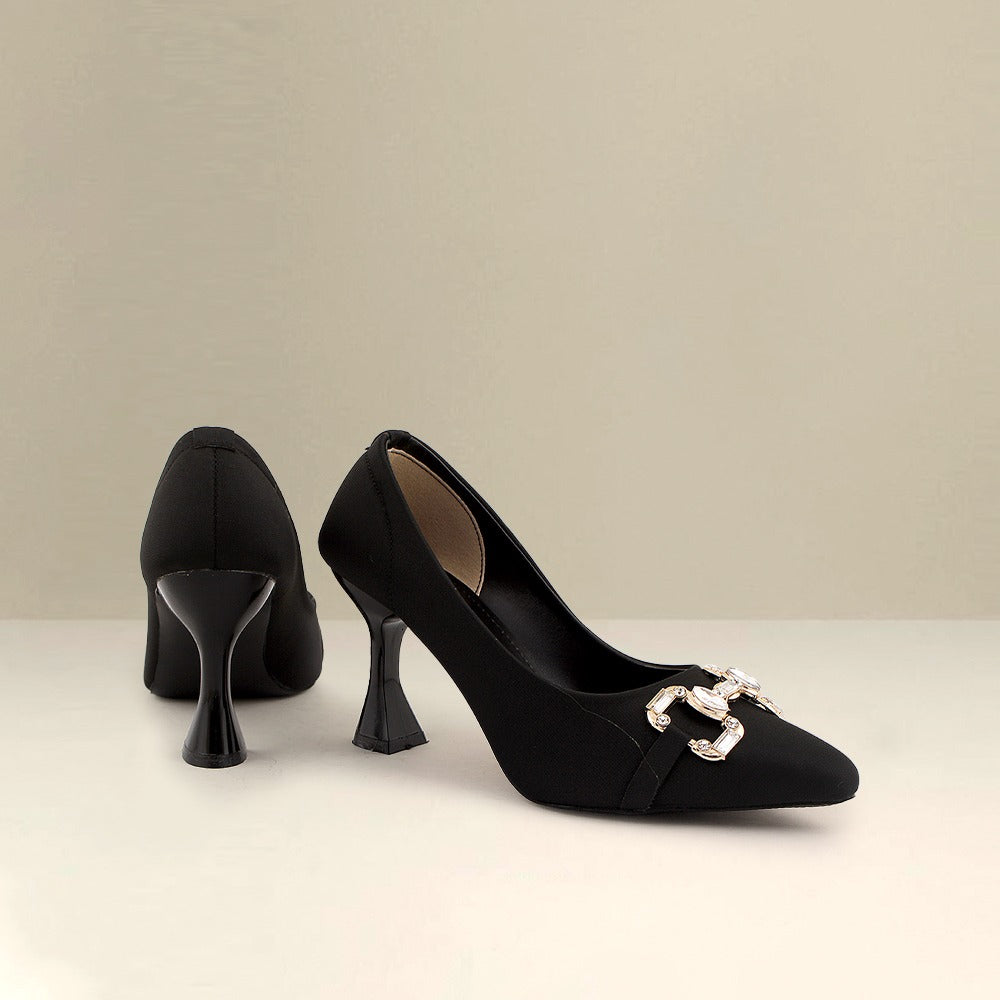 Black Pointed Toe Pumps with Gold Buckle