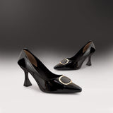 Black Patent Buckle Court Shoes