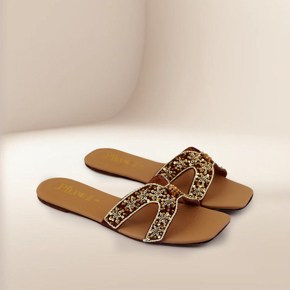 Maroon Embroidered Leather Flats