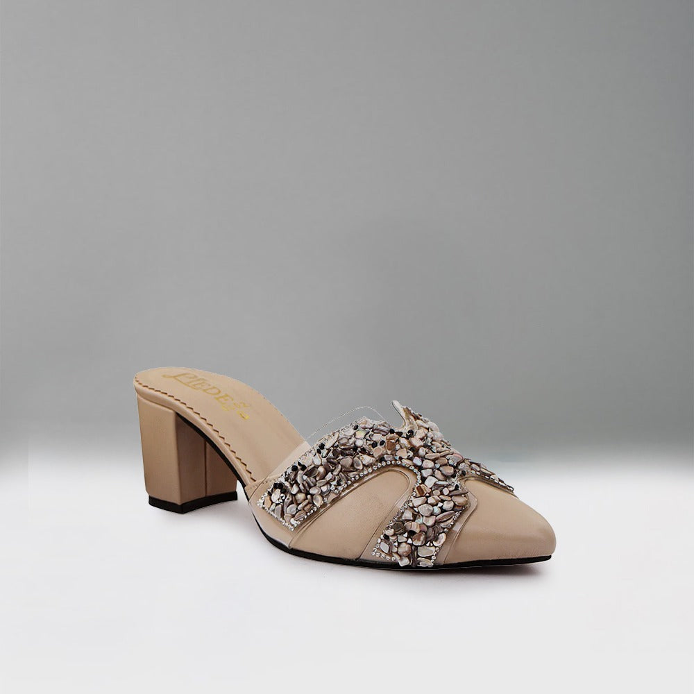 Cream Stone-Embellished Heeled Mules