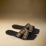 Black Golden-Embroidered Leather Flats