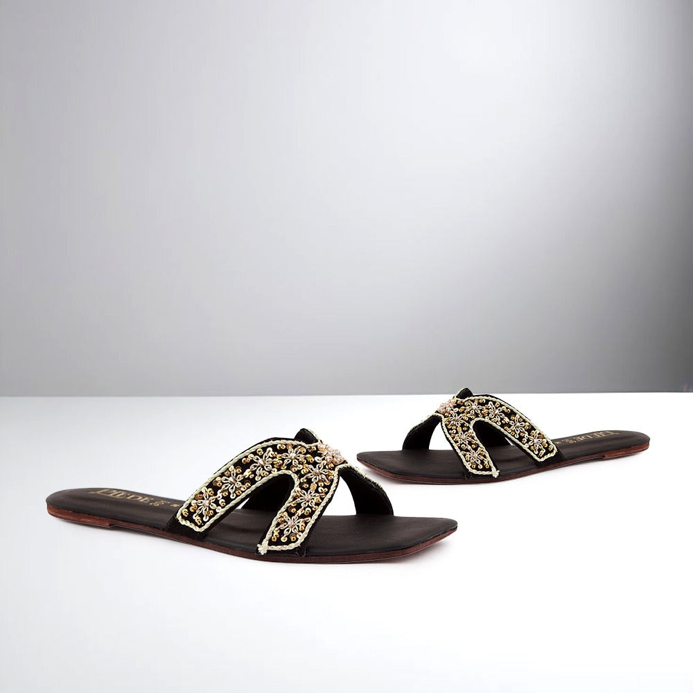 Black Embroidered Leather Flats